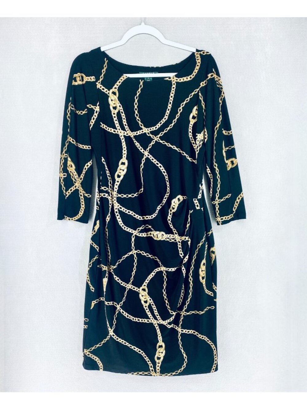 Lauren Ralph Lauren Dress Womens 12 Black Stretch Chain Print Ruched Midi
